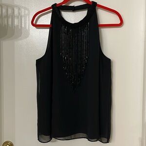 JENNIFER LOPEZ SHEER LAYER TANK TOP BEADED FRINGE  BLACK Sz L CREW NECK V-BACK